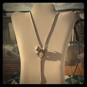Adjustable Silver Bow Necklace with CZ Diamonds